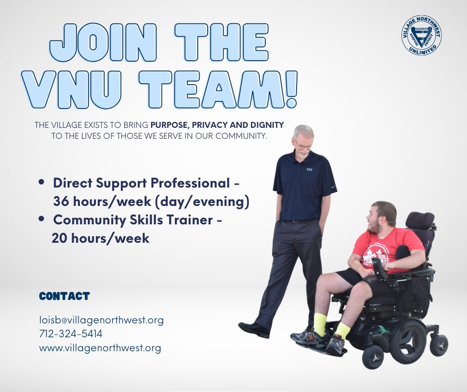 We’re hiring! 🎉 Looking for a meaningful career where you can make a difference, build lasting connections and enjoy a healthy work-life balance? VNU is now hiring Direct Support Professionals and Community Skills Trainers. 

Apply today at villagenorthwest.org/employment