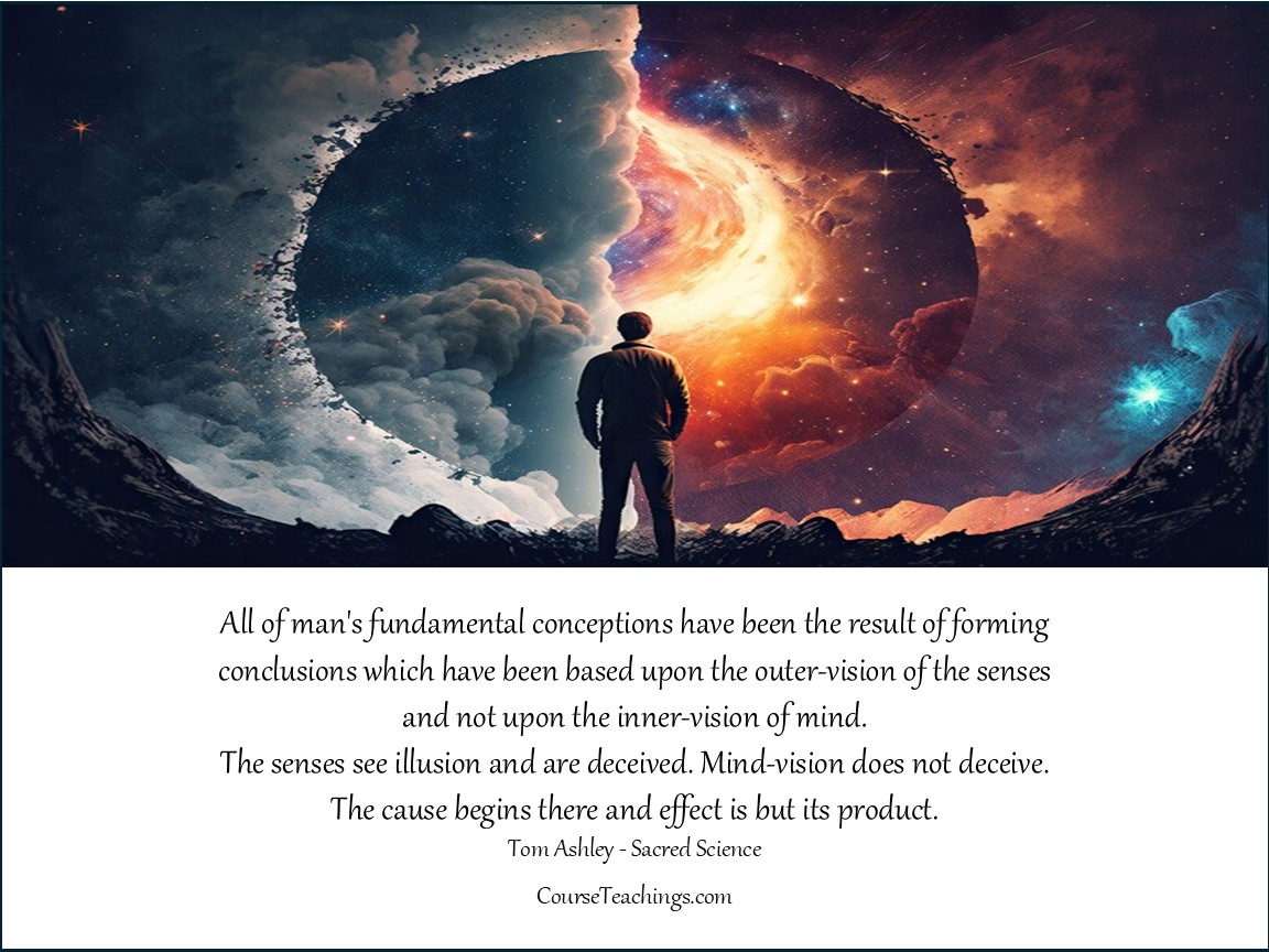 CourseTeachings's tweet image. The text explains that our basic beliefs are often shaped by our external senses, which can be misleading, while relying on our inner mental vision can lead to a clearer understanding of cause and effect. #AllMan&apos;sFundamentalConceptions
