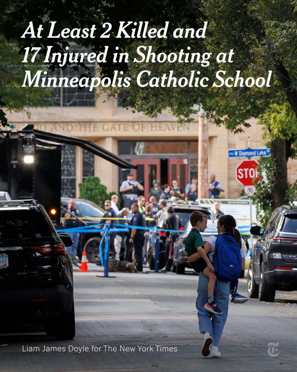 nytimes's tweet image. Breaking News: At least three people are dead, including a gunman, and more than a dozen others were injured in a shooting at a Catholic school in Minneapolis, officials said. Follow live updates. nyti.ms/47Psmqd