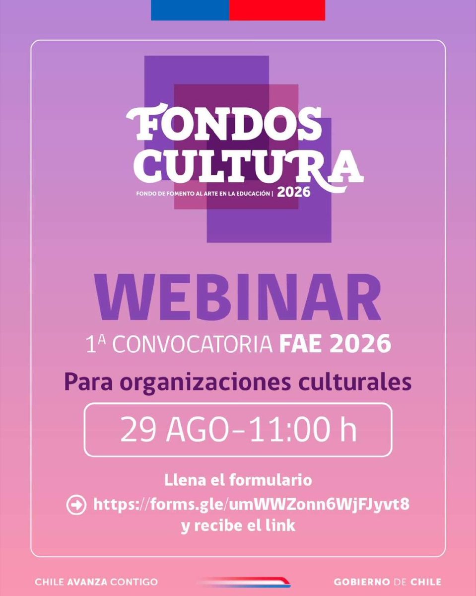 ✅ ¿Tienes un proyecto vinculado a las artes en la educación y quieres postular al FAE 2026? Esta oportunidad es para ti.

✅ Te invitamos al webinar para acceder a toda la información necesaria para postular.

 ✅ No olvides cambiarte al horario de Aysén: 12:00 h.