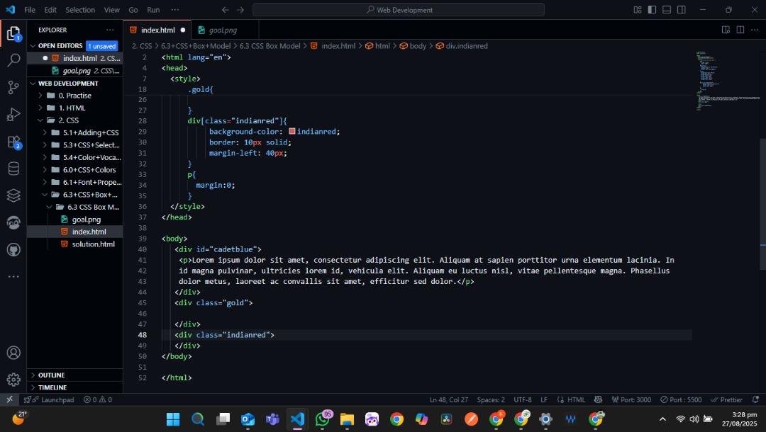 rasak_code's tweet image. Today I covered Margin, Padding, and Border in CSS 📚✨
Understanding how spacing works between and inside elements is making my layouts look cleaner and more professional.
#CSS #WebDevJourney #FrontendDevelopment #CodingLife #LearnToCode #CodeNewbie #NextGenCoders