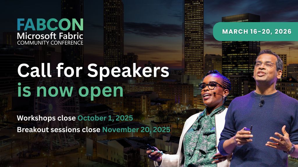 FABConSQLCon's tweet photo. The wait is overโฆ ๐จ The Call for Content for #FabCon Atlanta 2026 is now LIVE! Starting Monday, August 25 at 8:00 AM ET, speakers can submit up to 2 breakout sessions and 2 workshops.
Keep in mind: titles can be up to 75 characters, abstracts up to 300 characters, no speaker or company names allowed, and up to 2 speakers per session.
๐
Key dates to know:
Workshops close October 1
Breakout sessions close November 20
FABCON 2026 CFC Sessions: https://t.co/rfmQmXYLxt
FABCON 2026 CFC Workshops: https://t.co/b41TKZUWDk