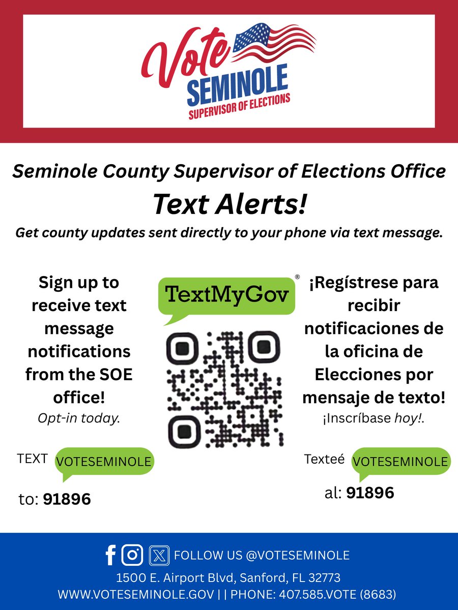Stay in the loop with the Seminole County Supervisor of Elections! Sign up for Text Alerts and get important updates sent straight to your phone.📲

How? Text VOTESEMINOLE to 91896 to opt-in today!