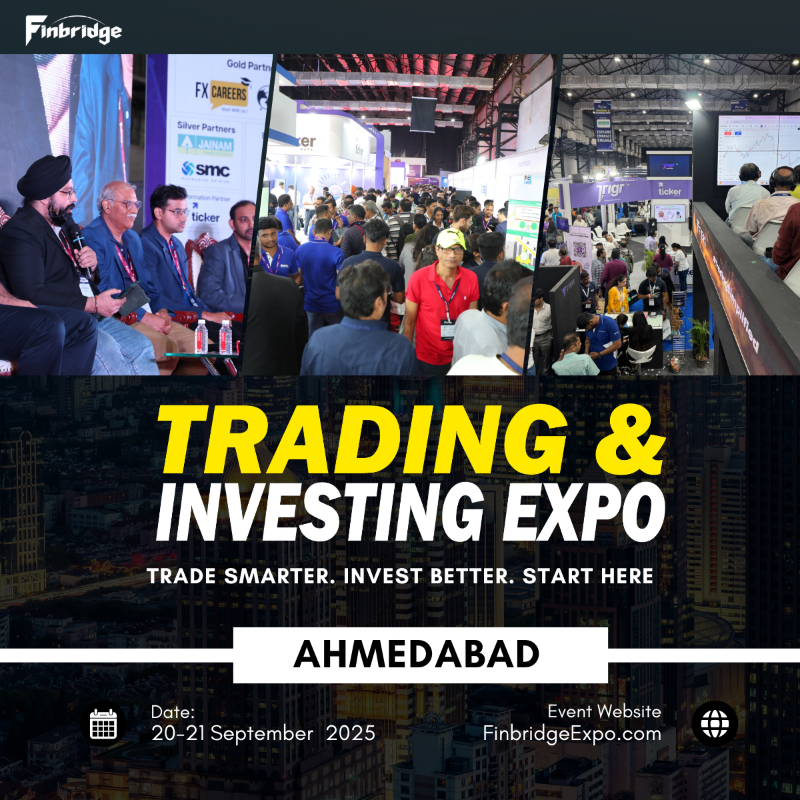 FinbridgeExpo's tweet photo. Trading &amp; Investing Expo is back!
2 days. 1 venue. Endless opportunities.
Explore the latest tools and technology for your trading and investing.

Date: 20–21 Sept 2025
Venue: Jade Luxury Banquets, Ahmedabad

Register Now