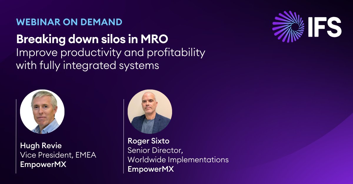 Silos have no place in an #AvMRO hangar!

@IFS &amp; #EmpowerMX show MROs how to eliminate guesswork &amp; leverage granular data to make every hangar visit more effective

Webinar on demand now available: ifs.link/QUXZq0
