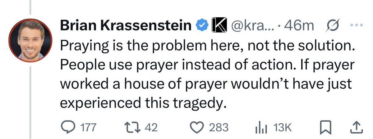 Patrick Miller (@patrickmiller0) on Twitter photo There's clearly a problem, but to say that the problem is prayer is insane. Teachers & children are shot while praying, & the response by <a href="/krassenstein/">Brian Krassenstein</a> & the media is somehow to blame the very faith & religion of these victims. This is what anti-Christian sentiment looks like! There's clearly a problem, but to say that the problem is prayer is insane. Teachers & children are shot while praying, & the response by <a href="/krassenstein/">Brian Krassenstein</a> & the media is somehow to blame the very faith & religion of these victims. This is what anti-Christian sentiment looks like!