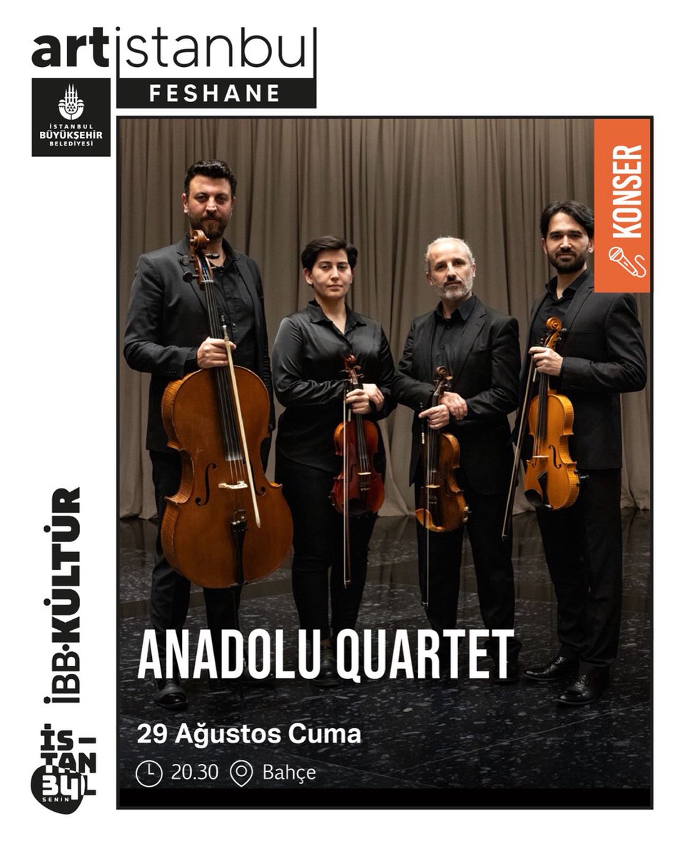29 Ağustos 2025 Cuma İstanbul Feshane de buluşalım. Ücretsiz biletler “istanbulsenin” isimli app ten temin edilebilir. 
#anadoluquartet #ahmettirgil #hazalberfinakın #ozannabiakın #ruşenarslanakın #artistanbulfeshane #feshane #anadoluquartetkonser <a href="/ahmettirgil/">ahmet tirgil</a>