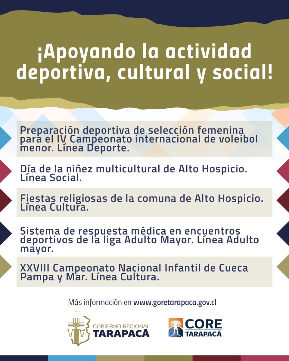 Gobierno Regional Tarapacá (@gore_tarapaca) on Twitter photo #RecursosGORE 💯
¡Apoyando la actividad deportiva, cultural y social! 👏🏼
El <a href="/CoredeTarapaca/">CORE Tarapaca</a> aprobó recursos del fondo 8% FNDR 2025 del <a href="/Gore_Tarapaca/">Gobierno Regional Tarapacá</a> para las siguientes actividades:
✅ Preparación deportiva de selección femenina para el IV Campeonato internacional de voleibol #RecursosGORE 💯
¡Apoyando la actividad deportiva, cultural y social! 👏🏼
El <a href="/CoredeTarapaca/">CORE Tarapaca</a> aprobó recursos del fondo 8% FNDR 2025 del <a href="/Gore_Tarapaca/">Gobierno Regional Tarapacá</a> para las siguientes actividades:
✅ Preparación deportiva de selección femenina para el IV Campeonato internacional de voleibol