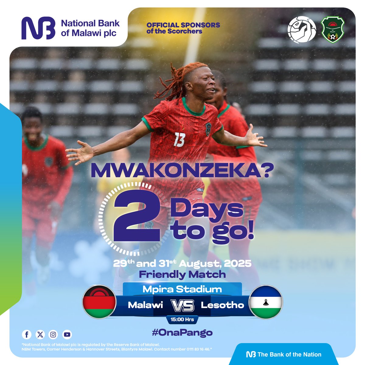 Only 2 days to go! The Scorchers are set to face Lesotho in an exciting friendly match at Mpira Stadium. Let’s come out in numbers and show our support.

#16PaMo