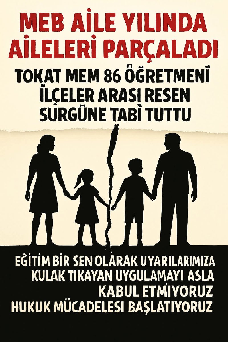 MEB TOKAT'TA 86 ÖĞRETMENİN RESEN ATAMASINI YAPARAK AİLELERİ PARÇALADI.
"İlçe grupları hakkaniyetli olarak düzenlenmeden ve Norm Güncellemesi Yapılmadan Resen Atama Yapılması Ciddi Bir Sorundur" diyerek günlerdir yaptığımız temaslara rağmen yapılan resen atama ile ilimizde 94