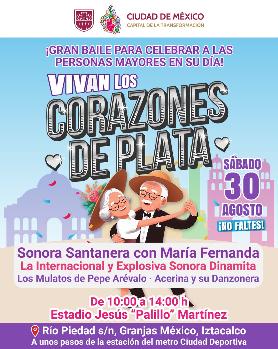 ¡Una gran fiesta para celebrar los Corazones de Plata!✨🩶🥳
Este sábado nos vemos en el Estadio Jesús Palillo para bailar, aprender y disfrutar con la #ComunidadPILARES de personas mayores💃🏼💆🏼‍♂️💆‍♀️
¡Te esperamos a partir de las 10:00 h!🥰
#CapitalDeLaTransformación
<a href="/CulturaCiudadMx/">Secretaría de Cultura de la Ciudad de México</a>