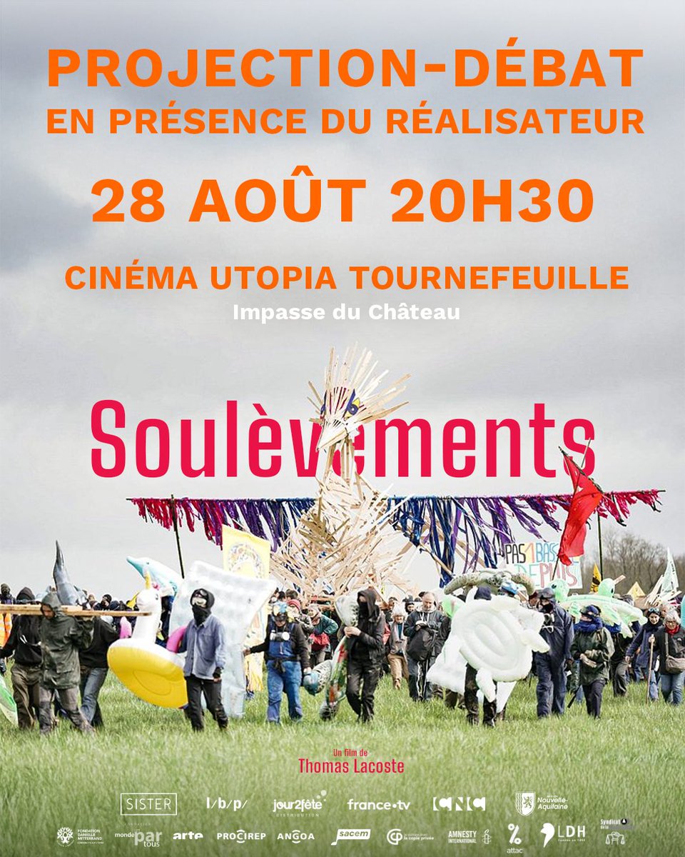 Aux côtés de Claire Dujardin, avocate, j'accompagnerai demain, jeudi 28 août à 20h30 (attention dernière séance), la projection-débat de #Soulèvements au cinéma Utopia Tournefeuille en partenariat avec les Amis du Diplo.

Nous vous attendons nombreuses•x✨✨✨