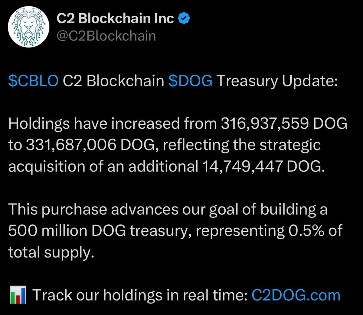Vincent (Cryptolution) π (@cryptolution101) on Twitter photo π¨JUST IN: <a href="/C2Blockchain/">C2 Blockchain Inc</a> just acquired 14,749,447 $DOG increasing treasury holding to 331,687,006 $DOG total. π¨JUST IN: <a href="/C2Blockchain/">C2 Blockchain Inc</a> just acquired 14,749,447 $DOG increasing treasury holding to 331,687,006 $DOG total.