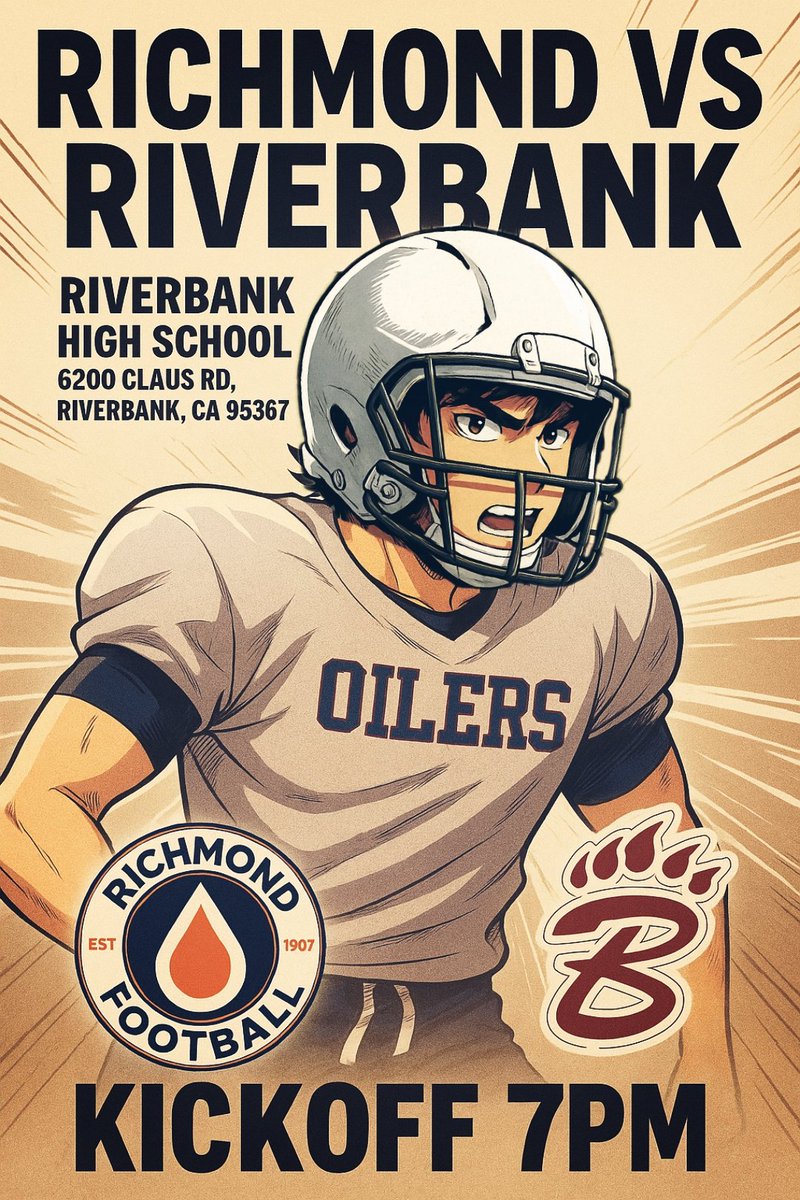 ⏰ THE WAIT IS OVER ⏰
WEEK 1
Richmond vs Riverbank
Kickoff 7PM 💥
Oilers riding out with Pride &amp; Purpose 🔥🏈
#RichmondFamily 
#GoOilers