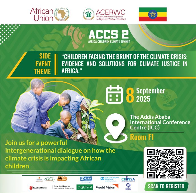 Join us for a powerful intergenerational dialogue at the ACS II on how the climate crisis is impacting African children. Children from 15 countries will bring their voices as they dialogue with the AU, Member states, and CSOs. forms.cloud.microsoft/e/ssri9vRn8D 
#ClimateAction #ACS2025