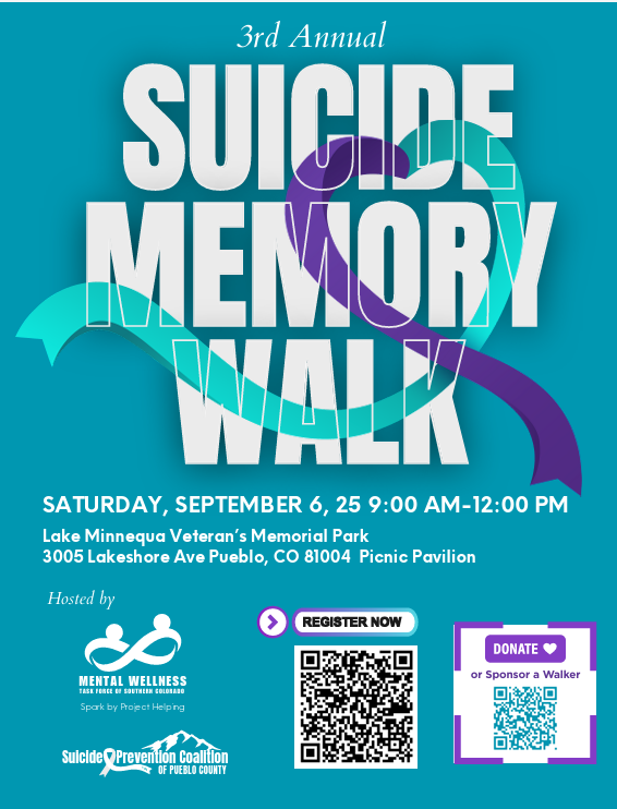 Join us for the 3rd Annual Suicide Memorial Walk in Pueblo! We're standing with our staff and community to support mental wellness. Your presence matters.

- Saturday, September 6, 9a-12p
- Lake Minnequa Veteran’s Memorial Park

#CDOCcares #SuicidePrevention #MentalHealthMatters