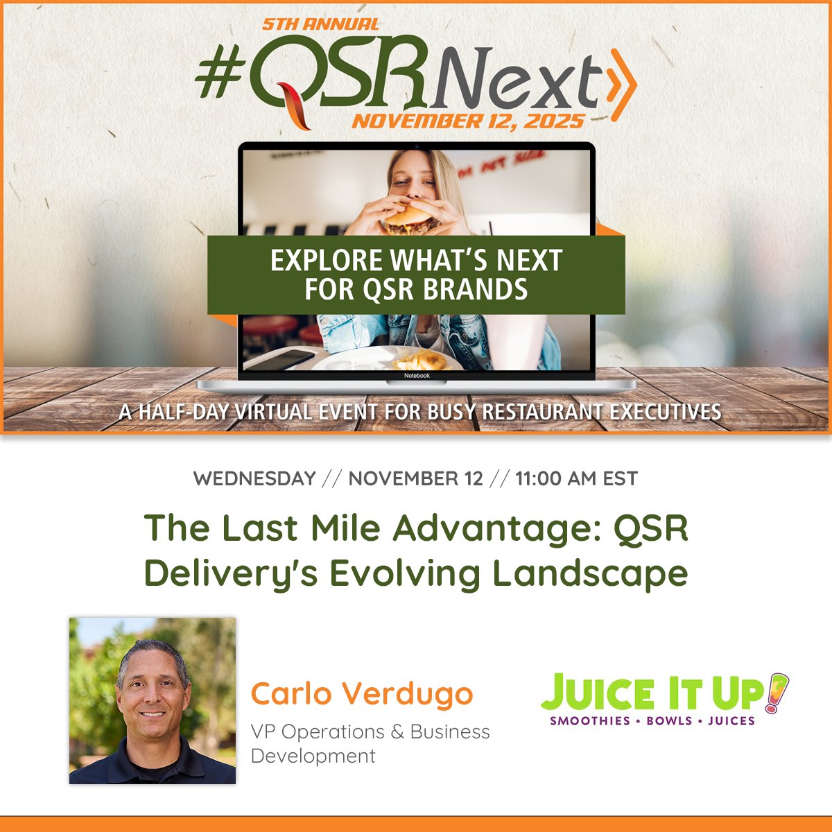 Fast Casual Executive Summit (@fastcasualexec) on Twitter photo 📢 We're excited to announce that Carlo Verdugo, VP of Operations & Business Development at Juice It Up!, will be speaking at #QSRNext on November 12 in the session, "The Last Mile Advantage: QSR Delivery's Evolving Landscape." 
#QSRNext #FoodDelivery #Operations  #JuiceItUp! 📢 We're excited to announce that Carlo Verdugo, VP of Operations & Business Development at Juice It Up!, will be speaking at #QSRNext on November 12 in the session, "The Last Mile Advantage: QSR Delivery's Evolving Landscape." 
#QSRNext #FoodDelivery #Operations  #JuiceItUp!