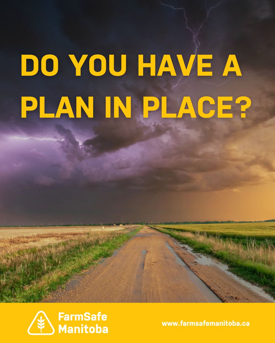 Heavy rains remind us that severe weather can strike fast, putting farms &amp; workers at risk. 🌩️ Have an emergency plan &amp; train your team! 

Our Farm Safety &amp; Health Emergency Planning Resource can help: farmsafemanitoba.ca/wp-content/upl…