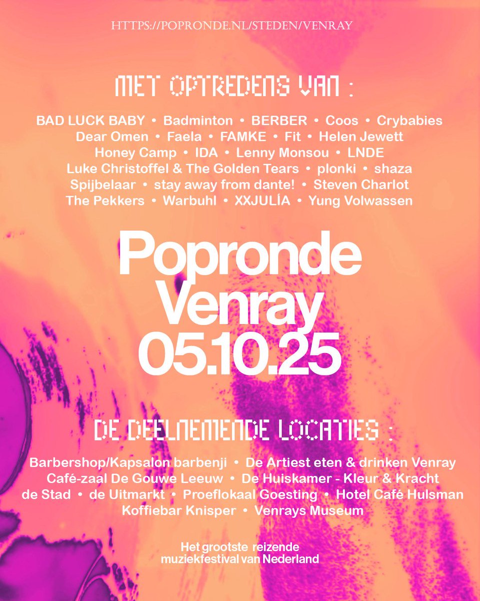 We hebben een programma! 💚
Check 'm hier:
popronde.nl/steden/venray