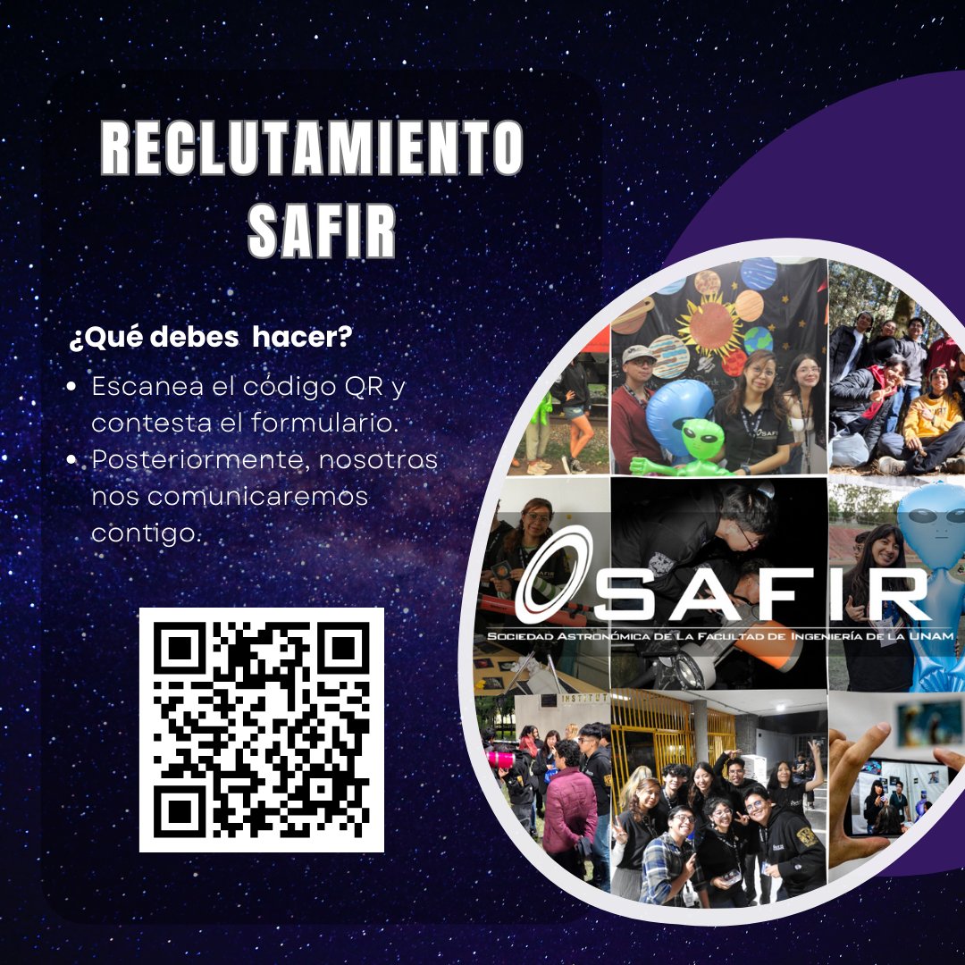 SAFIR_UNAM's tweet photo. 🚀 ¡Únete a SAFIR! Escanea el QR y completa el formulario. 💥 Fecha límite: 02 de septiembre 2025. 
✨️ ¡El futuro te espera! 🚀❤️ #SAFIRUNAM #ciencia #espacio #reclutamiento https://t.co/KQ8cir7hzc