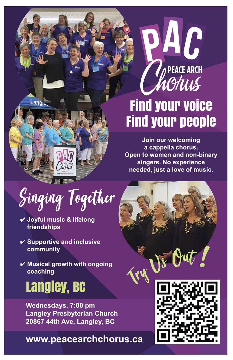 ACS RECOMMENDED….#performingarts |  PAC [Peace Arch Chorus] are looking for ‘VOICES’ | Women and Non-binary Welcome | See poster or scan QR Code for details | peacearchchorus.ca | 
<a href="/CityofSurrey/">City of Surrey</a> <a href="/PeaceArchNews/">Peace Arch News</a> <a href="/SurreyNowLeader/">Surrey Now-Leader</a> <a href="/sry604/">Surrey604</a> <a href="/surreybcevents/">Surrey BC Events</a>