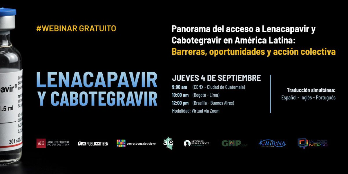 🌎 Webinar gratuito <a href="/CKimirina/">Corporación Kimirina</a> 
Panorama del acceso a #Lenacapavir y #Cabotegravir en AL:
Barreras, oportunidades y acción colectiva
🗓 4 sep 2025
🕘 9am CDMX/Guatemala
🕙 10am Bogotá/Lima
🕛 12pm Brasilia/Bs.As.
🌐 Zoom · Traducción simultánea 🇲🇽🇺🇸🇧🇷
👉 Regístrate: