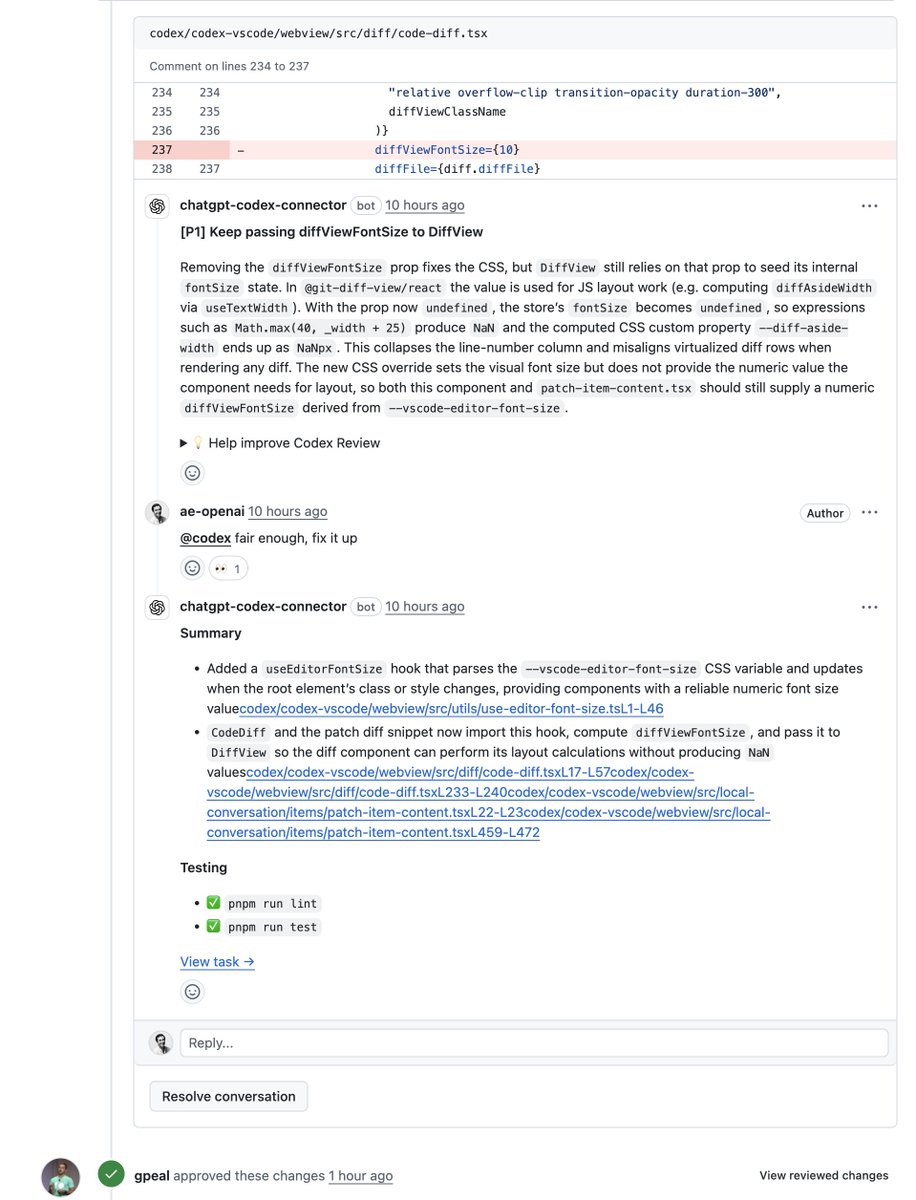 embirico's tweet image. We shipped code review! It's a custom model that's truly stellar, and working with it in GitHub is a lot of fun.
Recent real example: