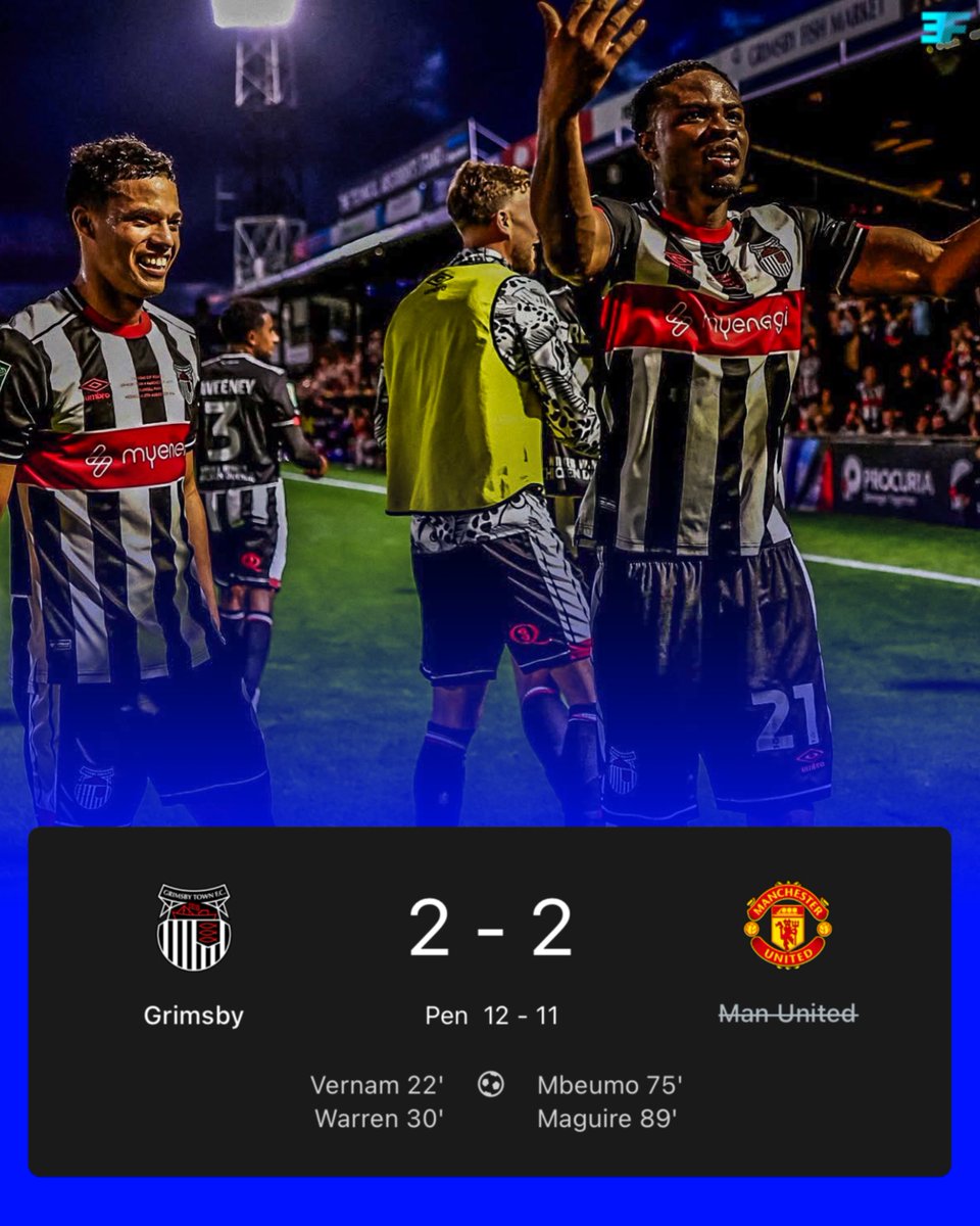 eurofootcom's tweet image. 🚨🏴󠁧󠁢󠁥󠁮󠁧󠁿 𝐎𝐅𝐅𝐈𝐂𝐈𝐀𝐋 | 4th division team Grimsby Town knock Manchester United OUT of the Carabao Cup! 👋🤯