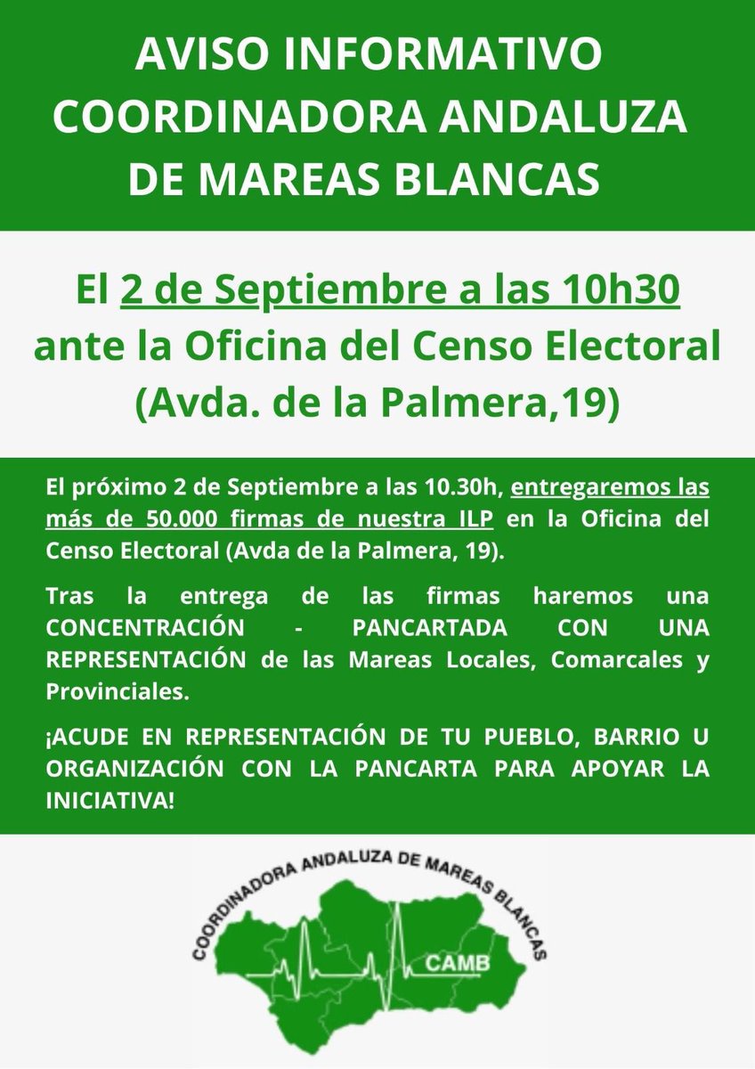 🏥CONCENTRACIÓN “MAREAS BLANCAS”
🗓️2 de Septiembre
⌚️10.30 h.
📍Sevilla