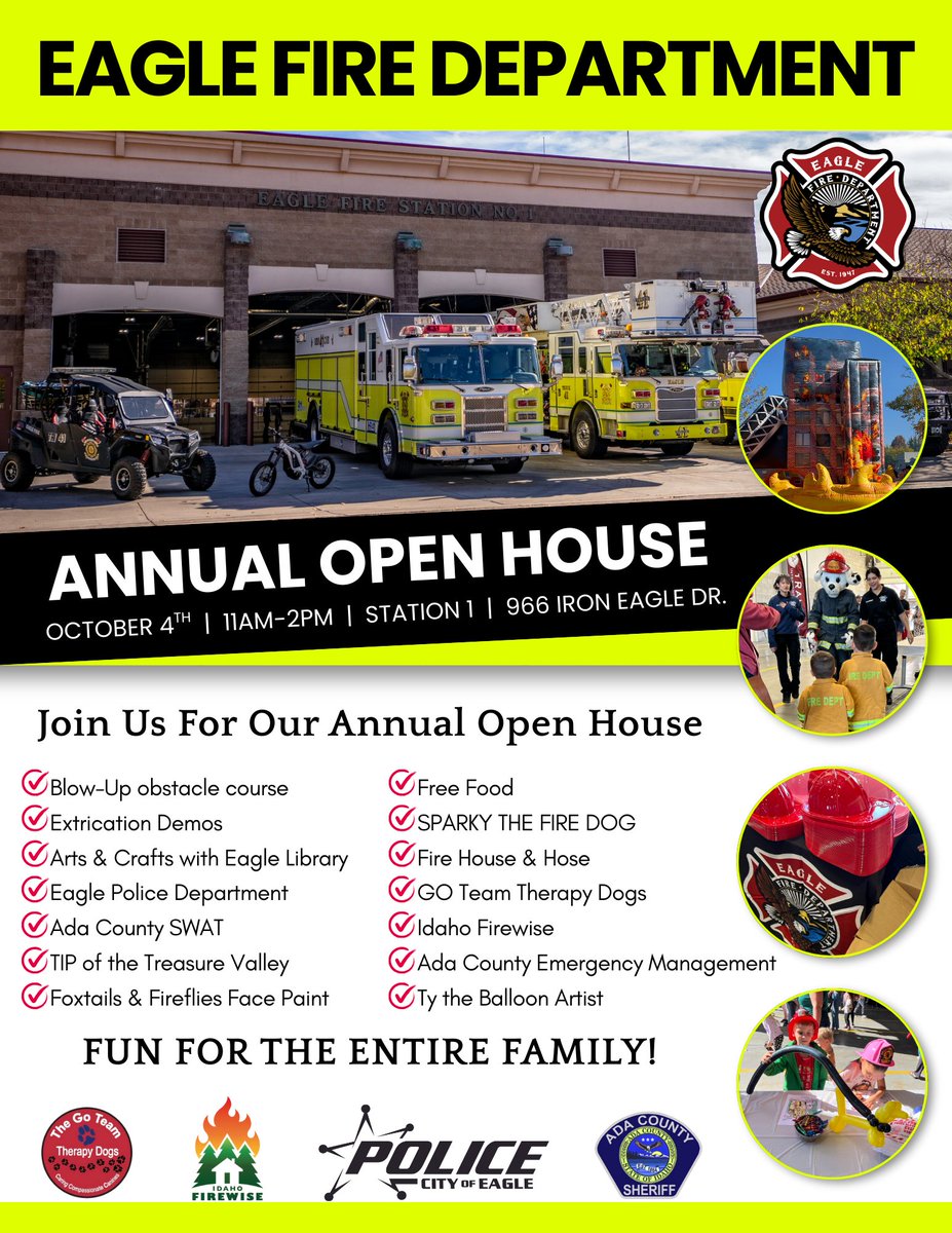 Join us for Eagle Fire’s Annual Open House in celebration of Fire Prevention Month! This free, family-friendly event gives our community a chance to meet local firefighters, tour the station, and learn important fire and life safety tips. Come Out, October 4th from 11-2pm!