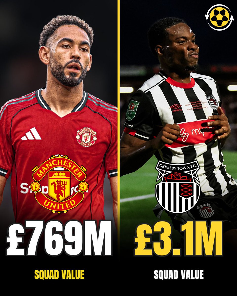 🚨 Grimsby's squad value is £765.9M less than Manchester United.

But they just knocked United out of the Carabao Cup. 🤯