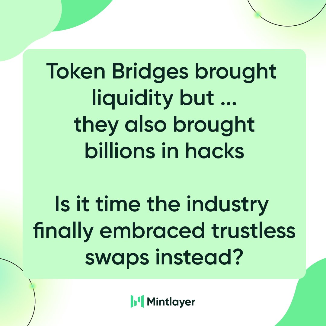 Mintlayer (@mintlayer) on Twitter photo Token Bridges brought liquidity but ... 
they also brought billions in hacks 😱
Is it time the industry finally embraced trustless swaps instead? 🤔 Token Bridges brought liquidity but ... 
they also brought billions in hacks 😱
Is it time the industry finally embraced trustless swaps instead? 🤔