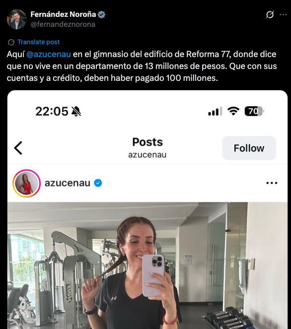 LuisCardenasMX (@luiscardenasmx) on Twitter photo ⚡️¿EN SERIO NOROÑA? ¿ATACAS A AZUCENA URESTI?
En lugar de aclarar cómo su hijo gana 100 mil pesos al mes en la CFE o cómo compró una casa de 12 MDP, Gerardo Fernández Noroña prefiere usar sus redes para atacar a la periodista <a href="/azucenau/">Azucena Uresti</a> y exhibir su vida privada.
El que presume ⚡️¿EN SERIO NOROÑA? ¿ATACAS A AZUCENA URESTI?
En lugar de aclarar cómo su hijo gana 100 mil pesos al mes en la CFE o cómo compró una casa de 12 MDP, Gerardo Fernández Noroña prefiere usar sus redes para atacar a la periodista <a href="/azucenau/">Azucena Uresti</a> y exhibir su vida privada.
El que presume