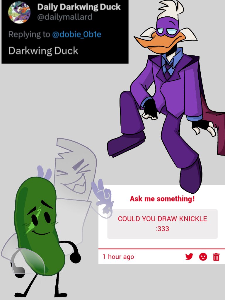 The Nickel from BFDIA/TPOT!! (@dobie_0b1e) on Twitter photo Art requests, I am so sorry this took so long-
Haven't drawn Darkwing in a while
<a href="/dailymallard/">Daily Darkwing Duck</a>
#inanimateinsanity #darkwingduck Art requests, I am so sorry this took so long-
Haven't drawn Darkwing in a while
<a href="/dailymallard/">Daily Darkwing Duck</a>
#inanimateinsanity #darkwingduck