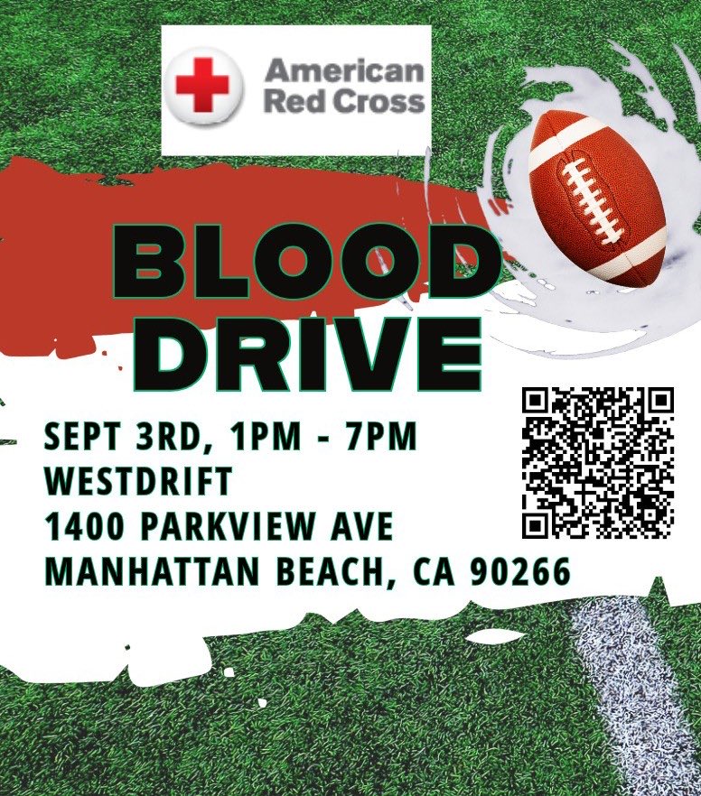 Check out this blood drive next week in Manhattan Beach to start the football season. ⁦<a href="/RoseBowlInst/">Rose Bowl Institute</a>⁩ Advisory Board member ⁦<a href="/jaimemaggio/">Jaime Maggio</a>⁩ continues to have a gigantic heart in helping with these events within the LA Community. Please sign up and give! 🩸 🌹