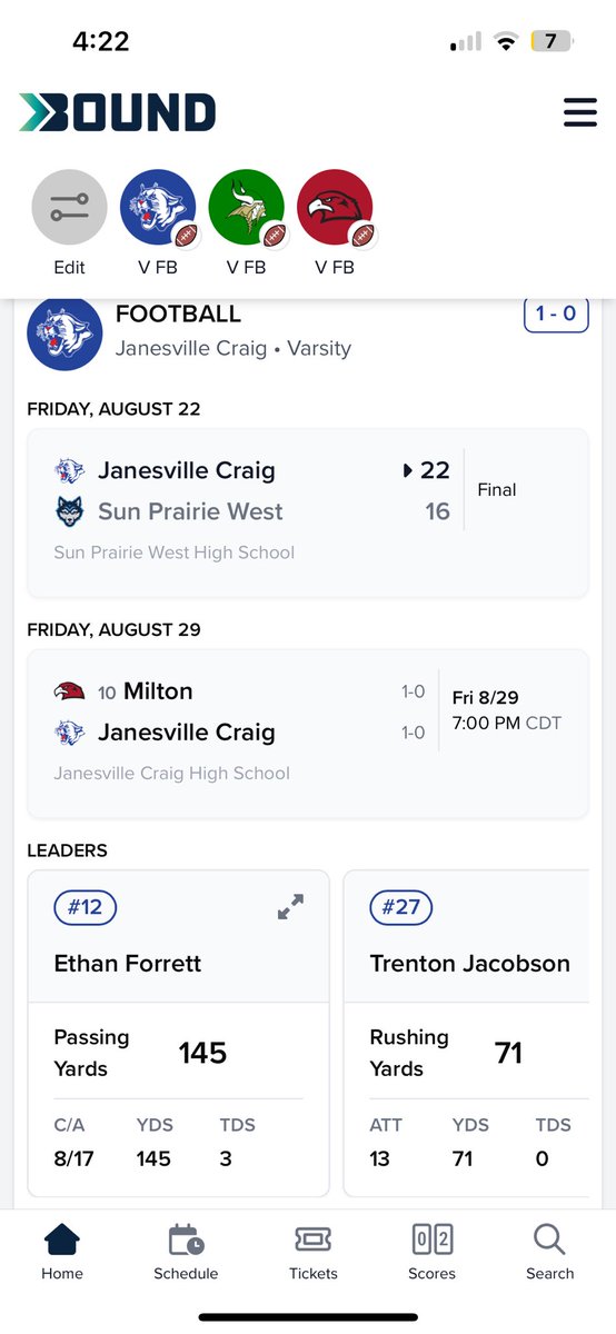 CalebThiesenWi's tweet photo. Amazing feature made by the @Bound_wi team where you can follow along with your team and look at statistical leaders, future games, and etc with the Bound app! I mean you’re telling me this isn’t sick?! #wisfb https://t.co/4MwsE1pT0r