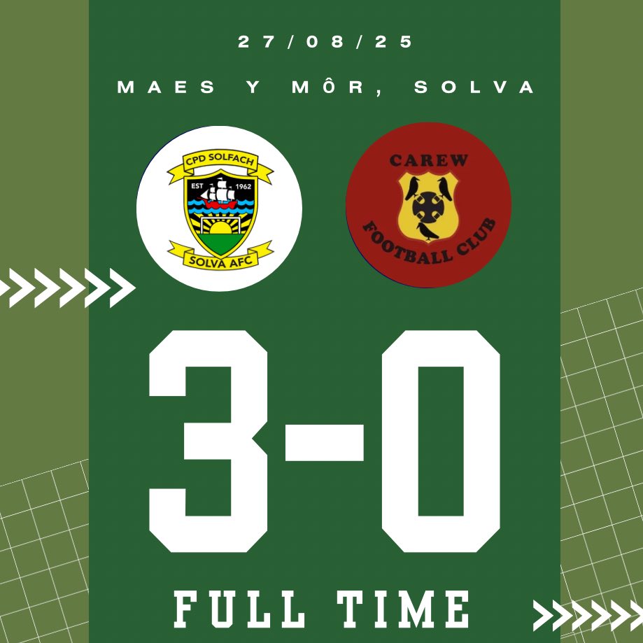 FT from tonight’s Division 2 match at Maes y Môr;

Solva AFC 3-0 <a href="/CarewFC/">Carew AFC</a> 2nds 

A goal from Sean Ellison and a brace by Kieran Price (one from the spot) make it two wins from two for the home side, who are next in action on September 6th away at <a href="/merlinsbridge/">Merlins Bridge AFC</a> 2nds

#UppaPeas🫛