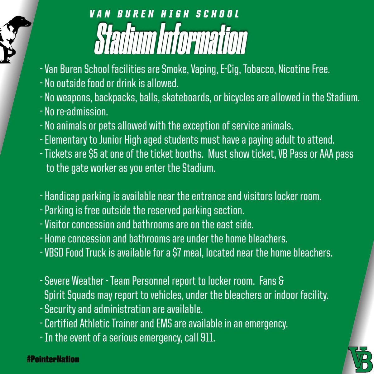 VBSDPointers's tweet photo. It’s almost here…Battle of the Bone! 🦴 Friday night we take on Alma, and there’s no better place to start the season than under the lights at Blakemore Field. Please be sure to check out the stadium information graphic and the game-day details below! https://t.co/I3VENOto5W