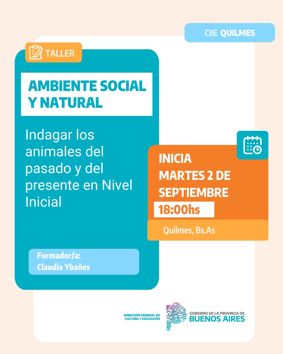 CIEQuilmes's tweet photo. ¡Ya comienza el taller de Ambiente natural y social!
Esta nueva propuesta con puntaje bonificante , a cargo de la formadora Claudia Ybañes ,pretende abordar la enseñanza de los seres vivos en el jardín de Infantes.
¡Te esperamos! https://t.co/k0E4y2i3U1 https://t.co/796Y1mmk88