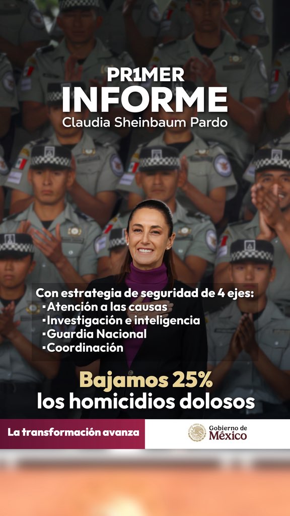 IMPI (@impi_mexico) on Twitter photo Con estrategia de seguridad de 4 ejes:
🔹Atención a las causas
🔹Investigación e inteligencia
🔹Guardia Nacional
🔹Coordinación
Bajamos 25% los homicidios dolosos.
¡La transformación avanza! Con estrategia de seguridad de 4 ejes:
🔹Atención a las causas
🔹Investigación e inteligencia
🔹Guardia Nacional
🔹Coordinación
Bajamos 25% los homicidios dolosos.
¡La transformación avanza!