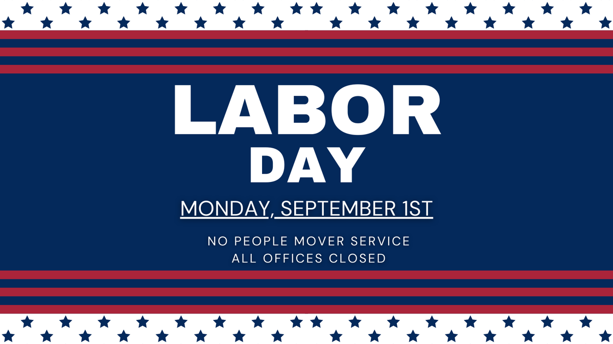There will be no bus service, and offices will be closed in observance of #LaborDay on 9/1. Regular weekday service will resume, and offices will reopen for normal business hours on 9/2. Stay informed of all holiday service schedules by visiting ow.ly/igOb50WJ5mY.