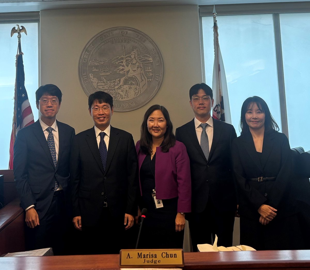 Asst. Presiding Judge Christopher C. Hite, Judge A. Marisa Chun, center, Judge Kenneth Wine &amp; Judge Harry M. Dorfman hosted visiting judges from the Supreme Court of Korea, National Court Administration, at the Hall of Justice.