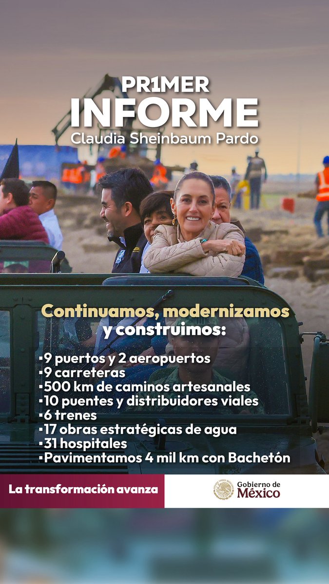 IMPI (@impi_mexico) on Twitter photo Continuamos, modernizamos y construimos:
🔸9 puertos y 2 aeropuertos
🔸9 carreteras
🔸500 km de caminos artesanale
🔸10 puentes y distribuidores viales
🔸6 trenes
🔸17 obras estratégicas de agua
🔸31 hospitales
🔸Pavimentamos 4mil km con Bachetón
¡La transformación avanza! Continuamos, modernizamos y construimos:
🔸9 puertos y 2 aeropuertos
🔸9 carreteras
🔸500 km de caminos artesanale
🔸10 puentes y distribuidores viales
🔸6 trenes
🔸17 obras estratégicas de agua
🔸31 hospitales
🔸Pavimentamos 4mil km con Bachetón
¡La transformación avanza!