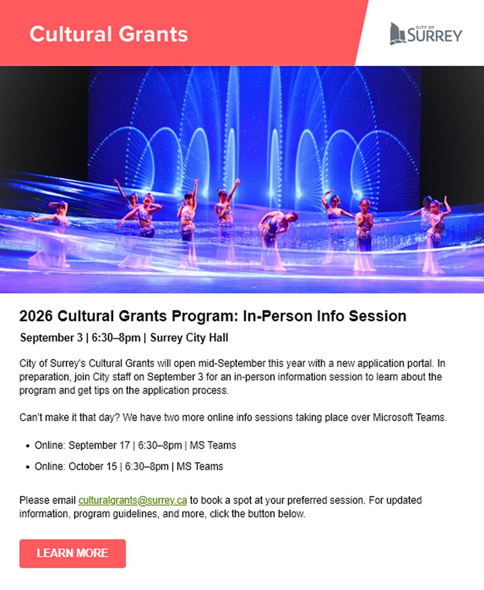 ACS RECOMMENDED... #cultural #grants <a href="/CityofSurrey/">City of Surrey</a>  opens mid September. See poster for in-person info sessions or online
LEARN MORE [copy &amp; paste link]
surrey.ca/arts-culture/c…
