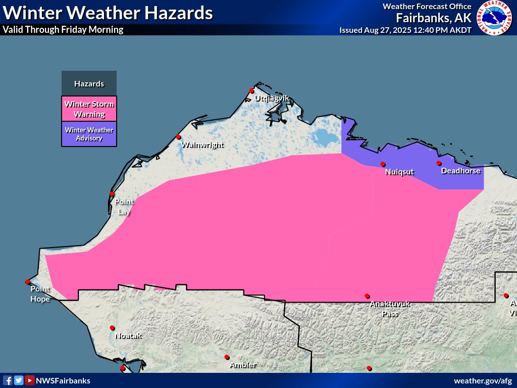The western Brooks Range becomes active tonight through Thursday night. Snow totals up to 3" and ice accumulations up to 1/4" are possible. The Winter Storm Warning along the Dalton persists through tomorrow AM. The Winter Weather Advisory persists through tomorrow PM. #akwx