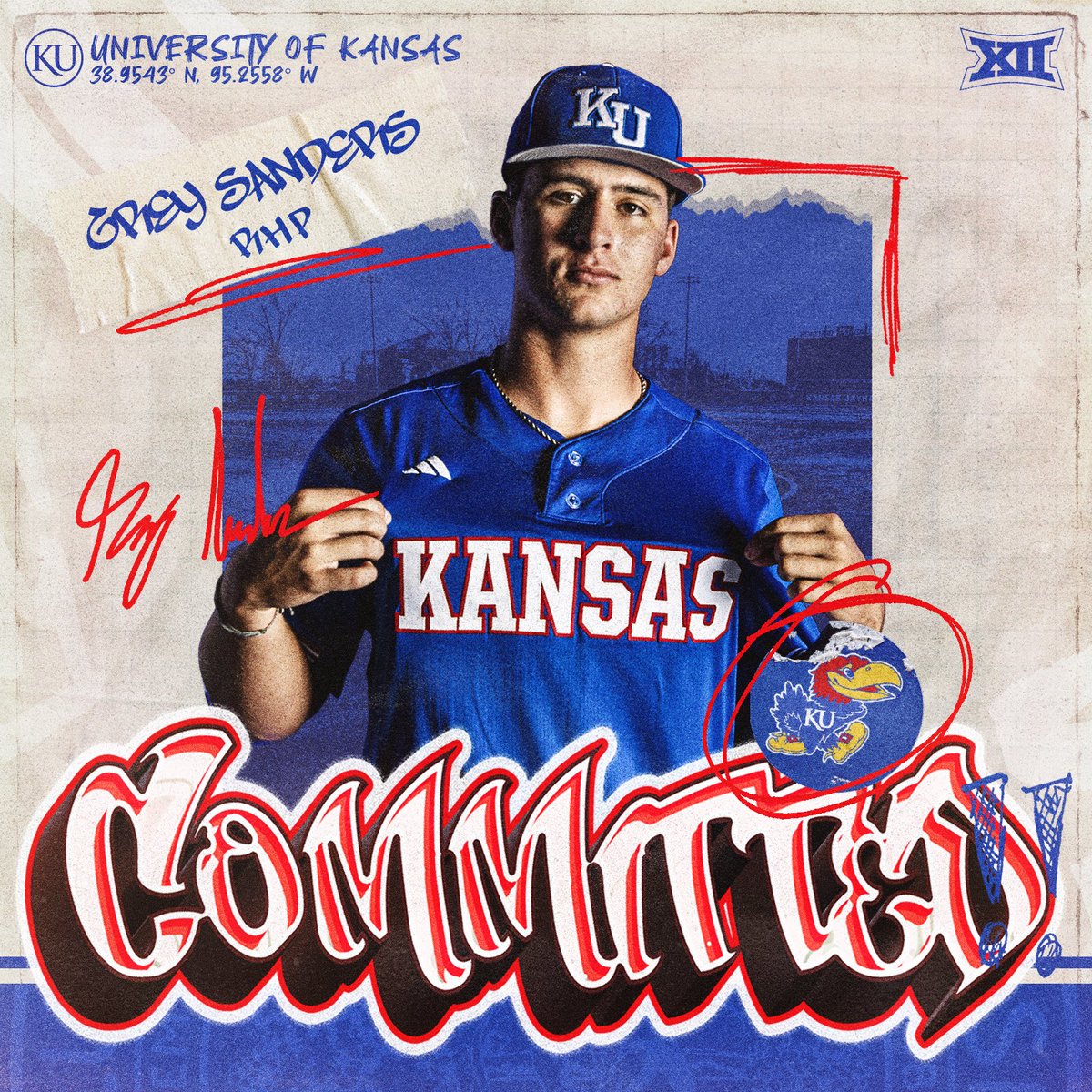GreySanders07's tweet photo. I am beyond excited to announce my commitment to The University of Kansas! Thank you to my family, coaches, and teammates for pushing me everyday! The biggest thank you goes to my lord and savior! Super excited to be a part of this program! Rock Chalk 🔴🔵 https://t.co/DGsbjS3Mkz