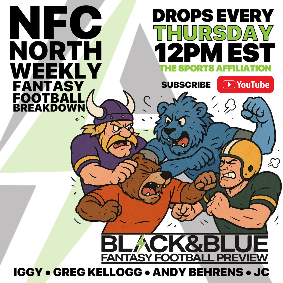 New show drops next Thursday, WEEK 1 of the NFL Season!

BLACK&amp;BLUE is a short form Fantasy Football Preview Show that breaks down the NFC NORTH!

This show features some amazing talent! Each representing their teams!
<a href="/IDP_Iggy/">Iggy's Fantasy & Betting. FF7s</a>🧀
<a href="/GregoryLKellogg/">Greg Kellogg</a>🦁
<a href="/andybehrens/">Andy Behrens</a>🐻
<a href="/JCMoneyDesign/">JC</a>😈