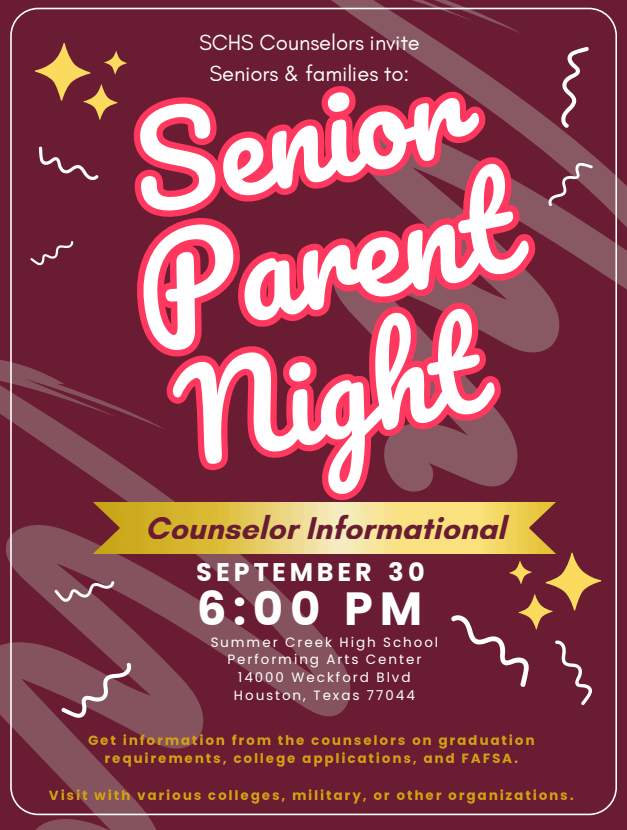 Save the date! Our SC Counselors invite you to their Senior Parent Night on Sept. 30 at 6 pm in the PAC.