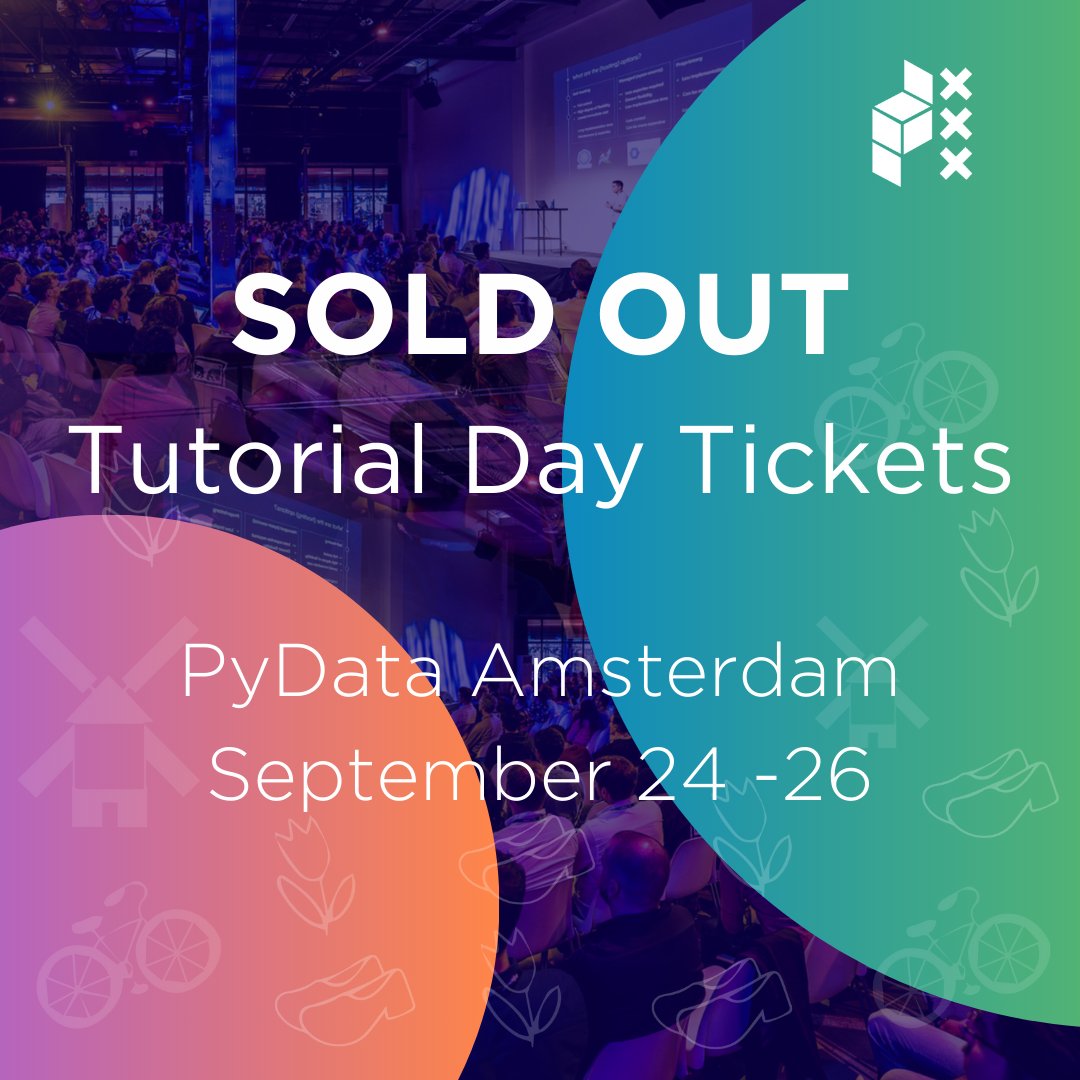 pydataamsterdam's tweet image. Tutorial day tickets are SOLD OUT.

Our Tutorial Day on September 24 at TNW City is now fully booked. 🙌 Good news though, conference day tickets (September 25-26 @ de Kromhouthal) are still available. 
Don’t miss out: amsterdam.pydata.org/tickets

#PDAmsterdam2025 #10YearsPDAmsterdam
