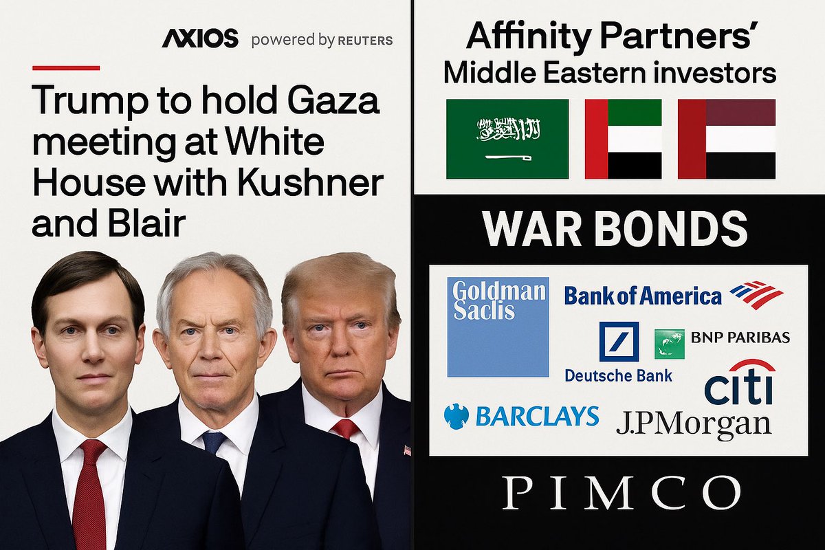 🟥 🟥 Today’s White House Gaza meeting isn’t about peace. It’s about profit Kushner’s billions, Blair’s blood money, Trump’s rebrand.

🔴Today: The White House hosts a Gaza meeting Trump in the chair; Jared Kushner and Tony Blair presenting “post-war” ideas.

▪️ Kushner once